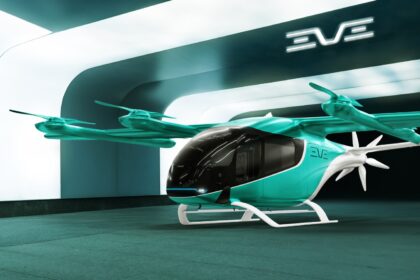 eVTOL elétrico decolando verticalmente em ambiente urbano, representando futuro da mobilidade aérea