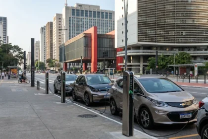 Carros elétricos carregando em estação pública no Brasil, infraestrutura de recarga