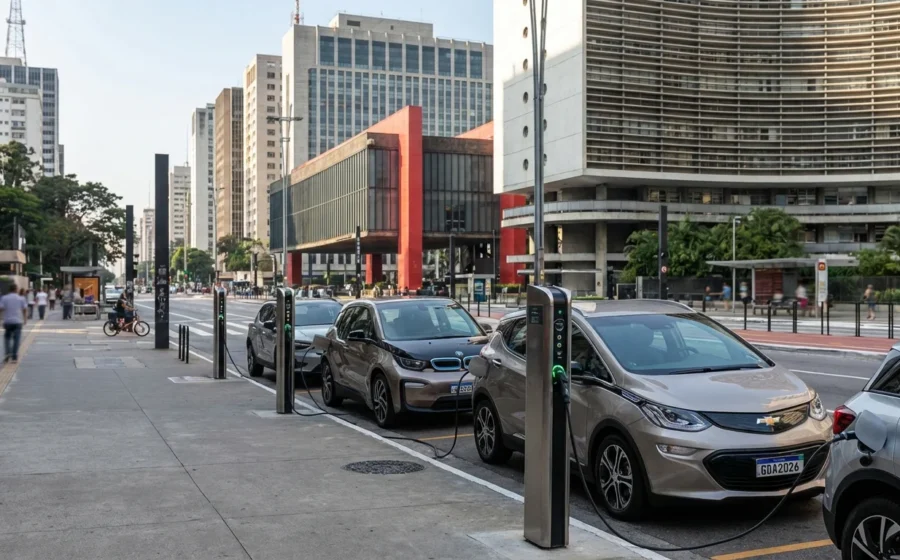 Carros elétricos carregando em estação pública no Brasil, infraestrutura de recarga