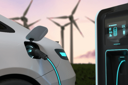 Fila de carros elétricos carregando em estação urbana moderna, símbolo da mobilidade sustentável em expansão