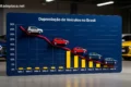 Carro zero-quilômetro com etiqueta de preço riscada mostrando desvalorização de 30% em concessionária