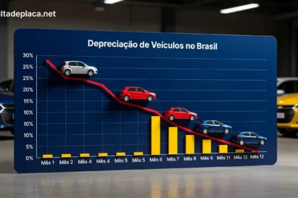 Carro zero-quilômetro com etiqueta de preço riscada mostrando desvalorização de 30% em concessionária