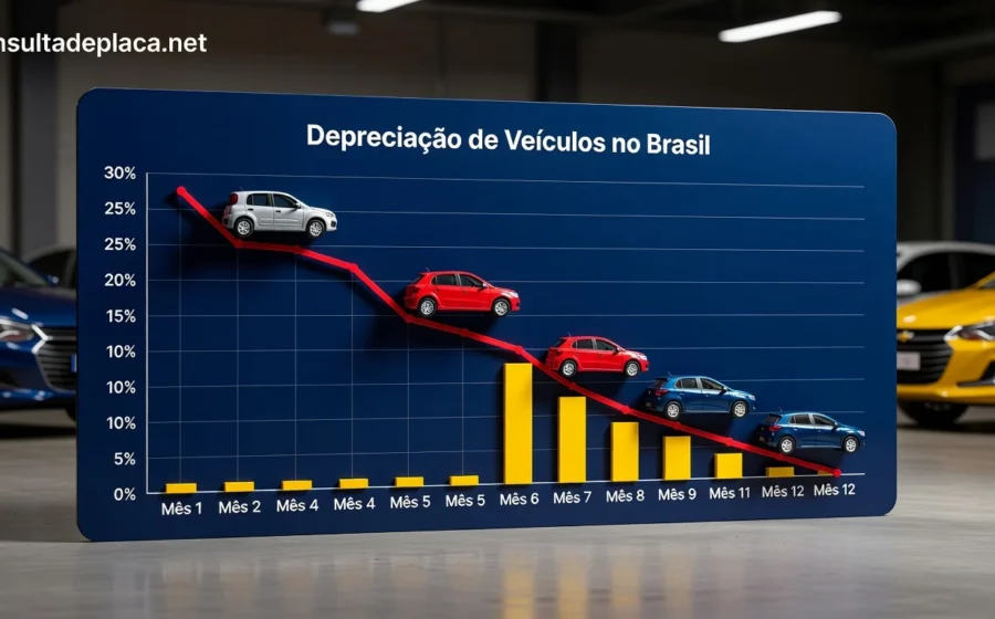 Carro zero-quilômetro com etiqueta de preço riscada mostrando desvalorização de 30% em concessionária