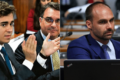 Nikolas Ferreira discursa na Câmara com logo do PL ao fundo, representando oposição digital