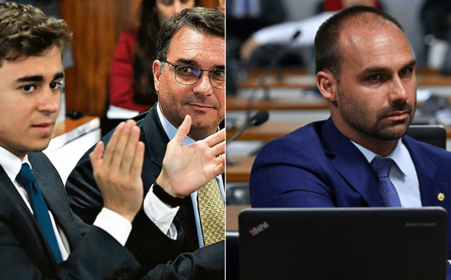 Nikolas Ferreira discursa na Câmara com logo do PL ao fundo, representando oposição digital
