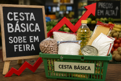 Cesta básica com alimentos e etiquetas de preço alto indicando inflação de 4,16% em Piracicaba