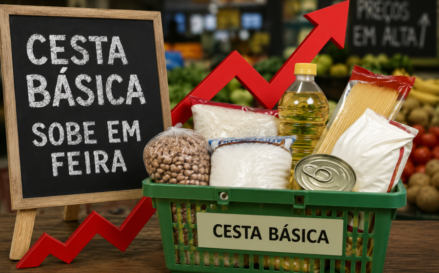 Cesta básica com alimentos e etiquetas de preço alto indicando inflação de 4,16% em Piracicaba