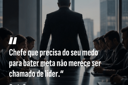 Gerente olha relatórios financeiros enquanto equipe ao fundo demonstra desconfiança e desânimo