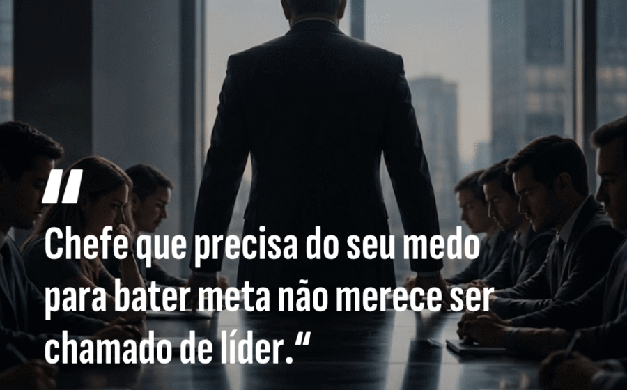 Gerente olha relatórios financeiros enquanto equipe ao fundo demonstra desconfiança e desânimo