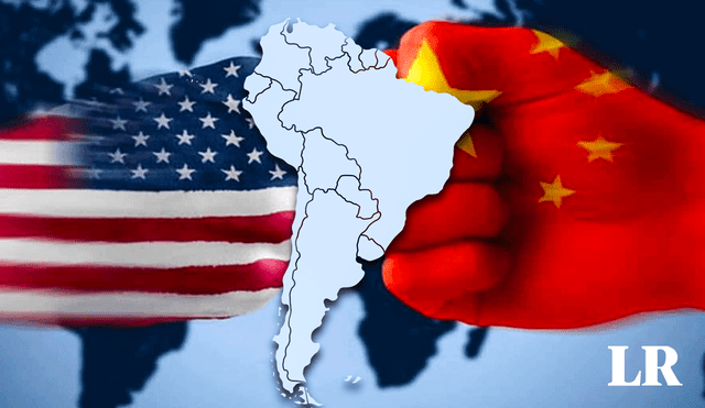 Mapa da América Latina com bandeiras da China e EUA e percentuais 65% e 57% de aprovação