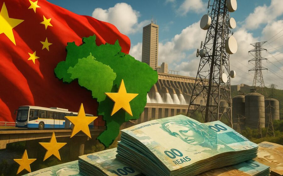 Logos das montadoras chinesas BYD, GWM e JAC sobre mapa do Brasil com setas de crescimento e queda