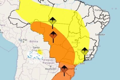 Mapa do Brasil com alerta amarelo do Inmet para tempestades no cinturão agrícola