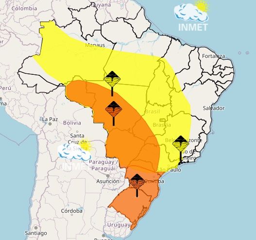 Mapa do Brasil com alerta amarelo do Inmet para tempestades no cinturão agrícola