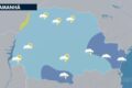 Mapa do Paraná com nuvens de chuva e frente fria avançando sobre todas as regiões do estado