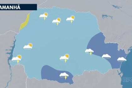 Mapa do Paraná com nuvens de chuva e frente fria avançando sobre todas as regiões do estado