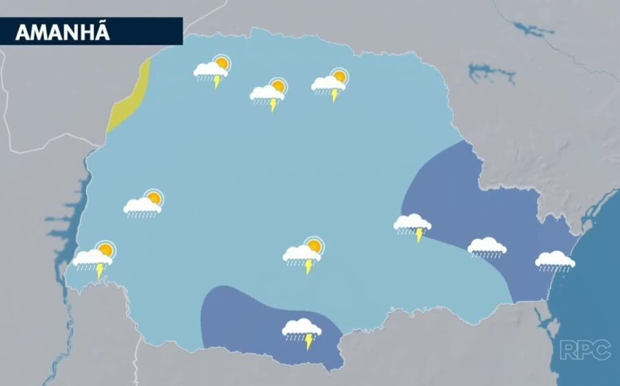 Mapa do Paraná com nuvens de chuva e frente fria avançando sobre todas as regiões do estado