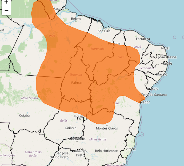 Mapa do Brasil com alerta amarelo do Inmet sobre chuvas no Matopiba afetando plantio de grãos
