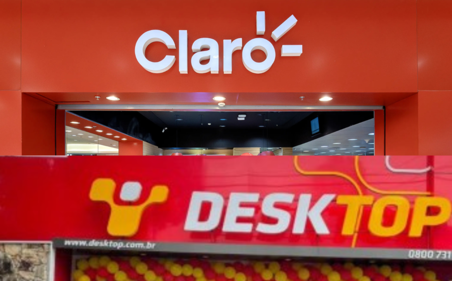Logos Claro e Desktop sobre mapa do Brasil com conexões de fibra óptica no interior