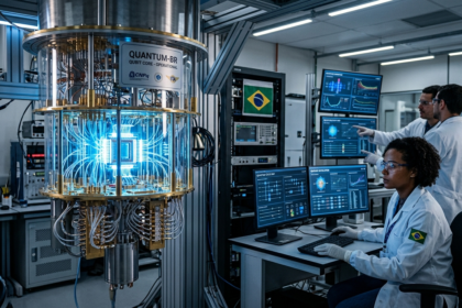 Pesquisadores montando componentes de computador quântico em laboratório na Paraíba