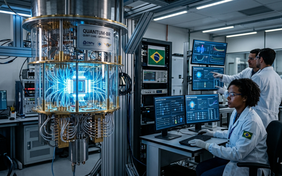 Pesquisadores montando componentes de computador quântico em laboratório na Paraíba