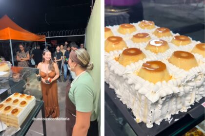 Confeiteira de Belém sorri segurando celular com gráfico de crescimento de 400 para 26 mil seguidores