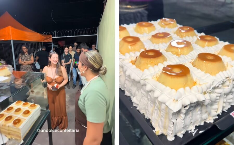 Confeiteira de Belém sorri segurando celular com gráfico de crescimento de 400 para 26 mil seguidores