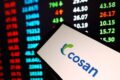 Gráfico de ações da Cosan (CSAN3) com alta de 24% e logotipo da Rumo ao fundo