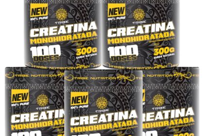Pote de creatina 1kg com etiqueta R$ 63 e potes de vidro herméticos com selo 51% off