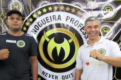Irmãos Rodrigo e Rogério Nogueira em academia Team Nogueira com alunos treinando