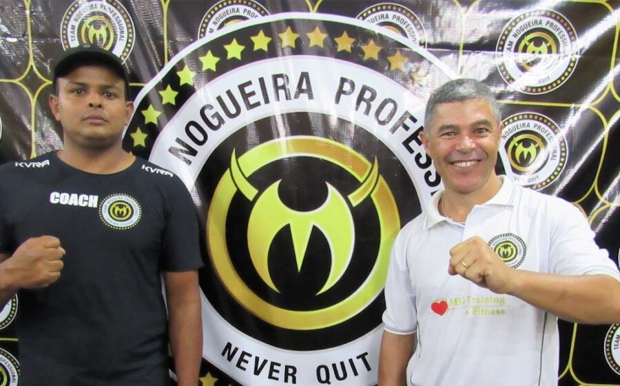 Irmãos Rodrigo e Rogério Nogueira em academia Team Nogueira com alunos treinando