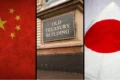Gráfico de rendimentos de Treasuries dos EUA a 5,3% com bandeiras da China e Japão virando as costas
