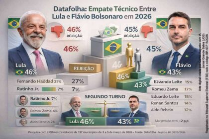 Lula e Flávio Bolsonaro em destaque com gráficos de pesquisa Datafolha mostrando empate técnico 42% a 38%