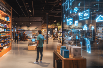 Loja Decathlon moderna com clientes diversos em esportes e ícones digitais simbolizando meta de 1 bilhão de pessoas até 2030