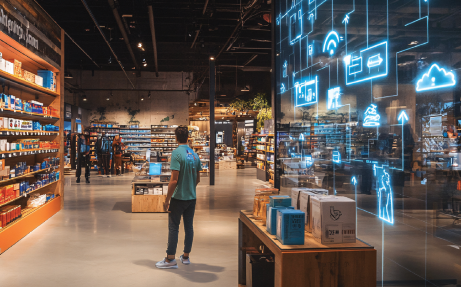 Loja Decathlon moderna com clientes diversos em esportes e ícones digitais simbolizando meta de 1 bilhão de pessoas até 2030