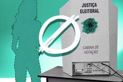 Logotipos Meta (Facebook, Instagram, WhatsApp, Threads) sobre balança da justiça, representando ordem para remover posts que incitem demissão por voto
