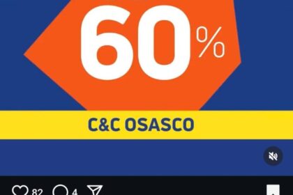 Banner de liquidação com etiquetas de até 62% off em calçados e eletrônicos