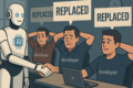 Desenvolvedor frustrado olha para tela com código e ícones de IA cruzados, representando rejeição à inteligência artificial