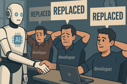 Desenvolvedor frustrado olha para tela com código e ícones de IA cruzados, representando rejeição à inteligência artificial