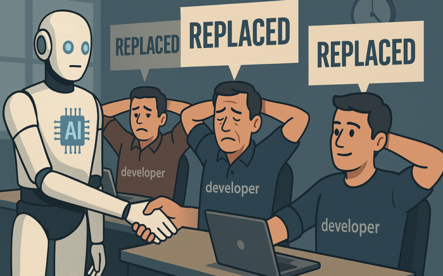 Desenvolvedor frustrado olha para tela com código e ícones de IA cruzados, representando rejeição à inteligência artificial