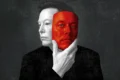 Elon Musk em close com expressão séria, sobreposto a gráficos de foguetes e carros elétricos, simbolizando documentário crítico