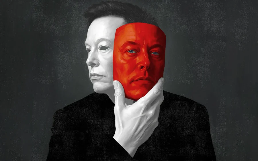 Elon Musk em close com expressão séria, sobreposto a gráficos de foguetes e carros elétricos, simbolizando documentário crítico