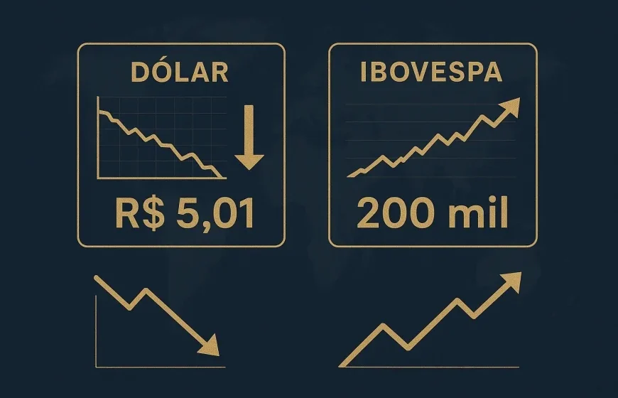 Gráfico mostra dólar a R$ 5,019 em queda e Ibovespa acima de 208 mil pontos em alta de 1,57%