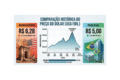 Gráfico mostra dólar abaixo de R$ 5 com bandeira do Brasil e barris de petróleo ao fundo