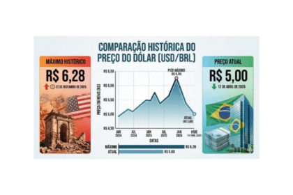 Gráfico mostra dólar abaixo de R$ 5 com bandeira do Brasil e barris de petróleo ao fundo
