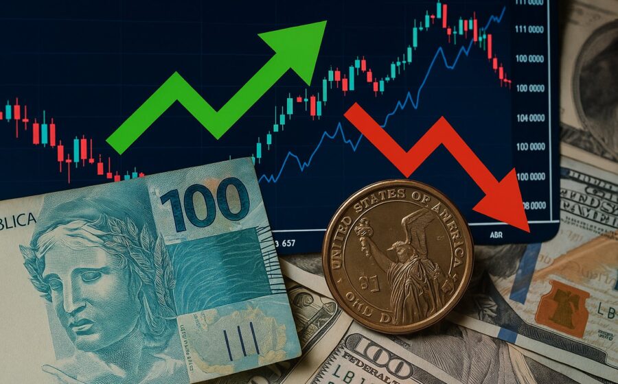 Gráfico financeiro mostra dólar acima de R$ 5 e Ibovespa em queda de 0,74% para 204.302 pontos