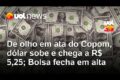 Gráfico mostra dólar caindo abaixo de R$ 5 com símbolos do real e bandeira do Brasil antes da eleição