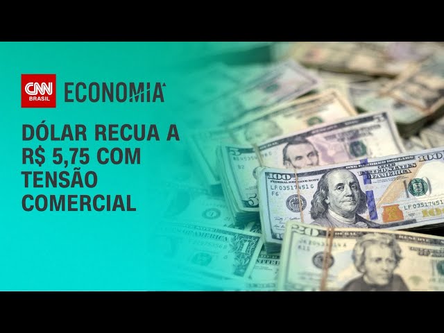 Gráfico financeiro mostra dólar a R$ 5,05 e Ibovespa em queda de 0,34% no Brasil