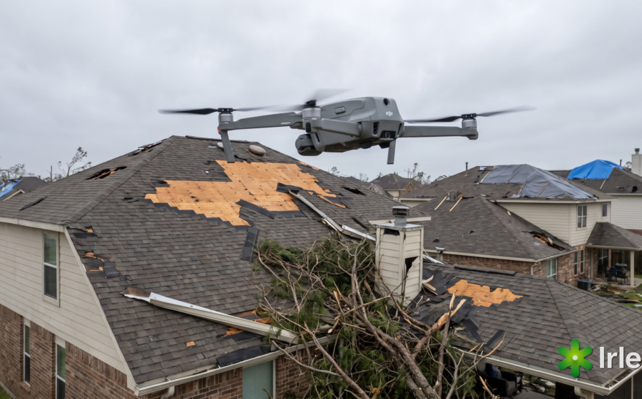 Drone sobrevoando telhado residencial com quintal do vizinho visível ao fundo