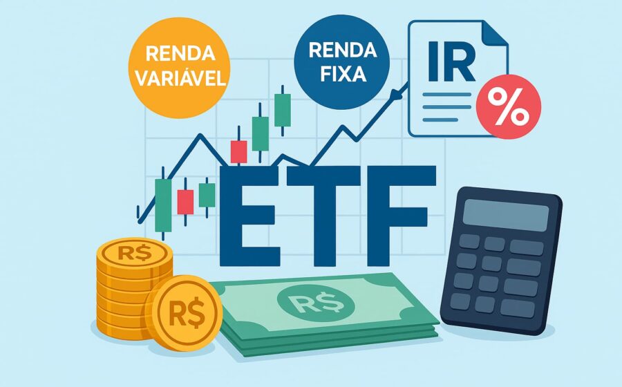 Gráfico de ETFs renda fixa com ícones tributários e seta crescente