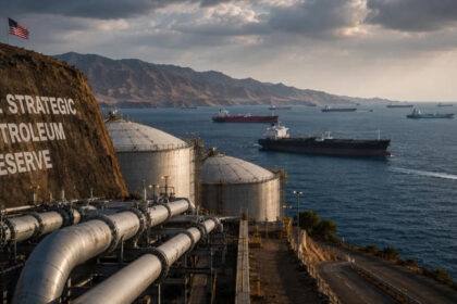 Tanque de petróleo da Reserva Estratégica dos EUA com tubo de transferência em primeiro plano